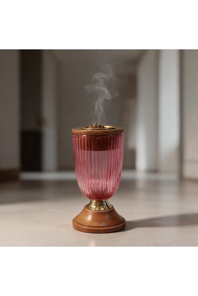 Generic Brand Hindi Glass Pink Incense Burner with Wooden Base