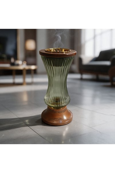 Generic Brand Hindi Green Olive Glass Incense Burner with Wooden Base