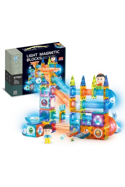 PinkBlue Set constructie magnetic Marble Run, 142 piese, circuit cu bile lumi...