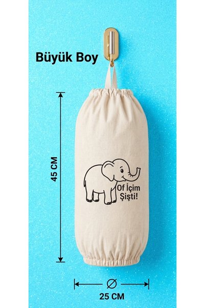 HANK 45X25 cm Büyük Boy Poşetlik/Galoşluk "Of İçim Şişti" Fil Desenli Kanvas ...