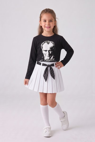 nacar çarşı Girls' Black Long-Sleeve Atatürk T-Shirt, White Pleated Skirt wit...
