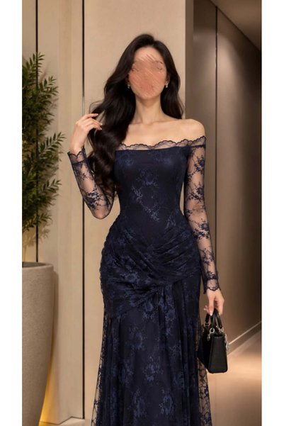 BAKLAFASHO Off Shoulder Lace Long Sleeve Evening Dress - Burgundy