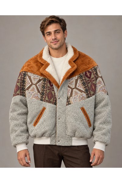 CANMODA (8129) Мъжко бомбър яке с пухкава яка винтидж десен пачуърк - L/XL