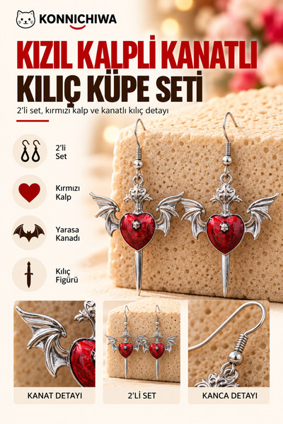 FG KONNİCHİWA Gothic Batwing Sword Earring Set (Set of 2) DARK ROMANTICISM, A...