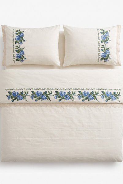 cottoncloth Buldan-Style Double-Size 4-Piece Cross-Stitch Embroidered Non-Ela...