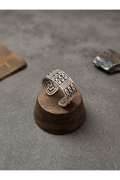 Velcari Adjustable Wide-Band Ring with Geometric Patterned Maze Design—Open R...