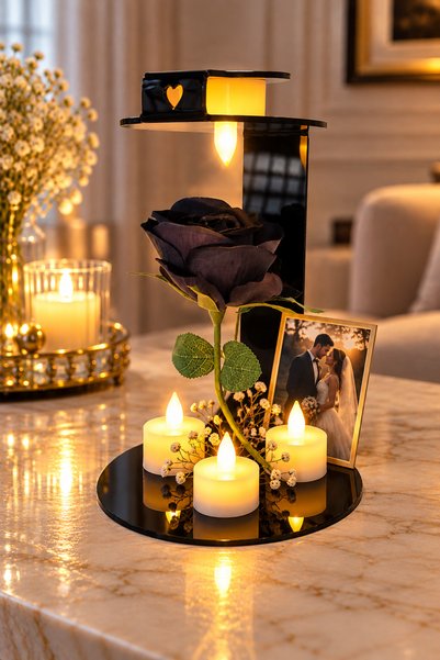 ADENZ Gül Led Lamba - Dekoratif Pleksi - 1 Ad. Kadife Gül - 2 Adet Tealight M...