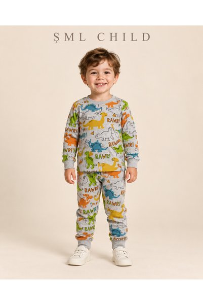 Erkek Çocuk Gri Renkli Dinozor Desenli Uzun Kollu Bisiklet Yaka 2'li Pijama Takımı