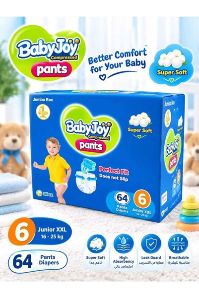BabyJoy حفاضات كلوت، مقاس 6، جونيور XXL، 16+ كجم، علبة كبيرة - 64 حفاضة