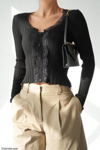 CADDELAMODA U-Neck Cardigan with Lace Collar Detail