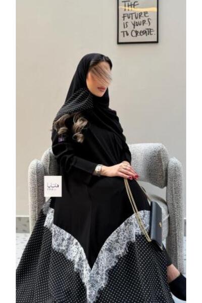 ABAYA ANORA عباية وله نص كلوش بقماش كريب ملكي مع شيفون منقط دانتيل ابيض
