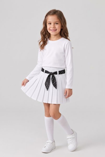 nacar çarşı Girls' White Long-Sleeve T-Shirt, White Pleated Skirt, Polka Dot ...