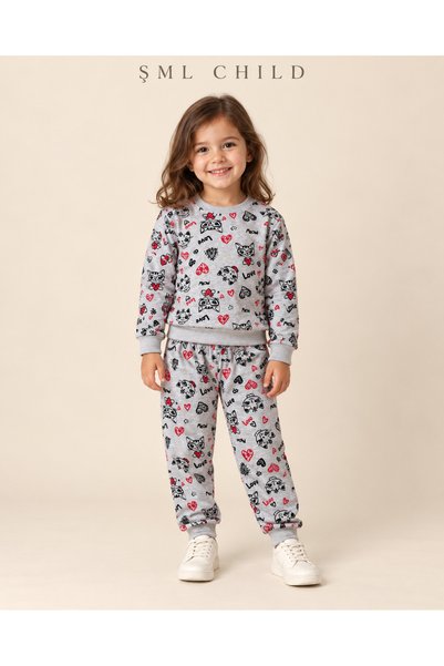Kız Çocuk Sevimli Hayvan Desenli Uzun Kollu Bisiklet Yaka 2'li Pijama Takımı