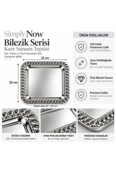 Simply Now Checked Stainless Steel Serving Tray, 22x22 cm—For Tea, Coffee, Engagement, and Wedding Celebrations—Silver, Set of 3