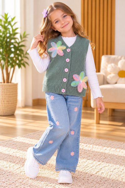 SERPİL Girls' Floral Print Knitted Vest – A Stylish Everyday Outfit with Pink...
