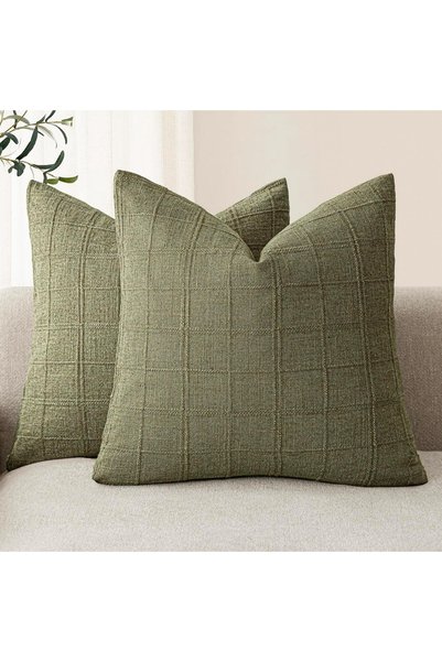 Generic Brand Set of 2 Decorative Linen Check Green Throw Pillow Covers, Neut...