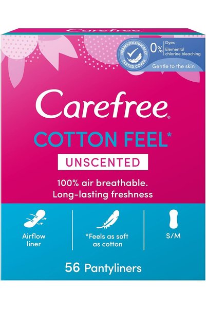 Carefree فوط صحية غير معطرة بملمس قطني، مقاس عادي، 100% قابلة للتهوية، لانتعا...