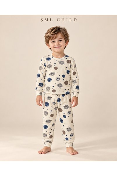 Erkek Çocuk %100 Pamuklu Ekru Mavi Gezegen ve Uzay Desenli Uzun Kollu Bisiklet Yaka 2'li Pijama Takımı