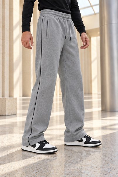 zazzia Men's Gray Baggy Sweatpants for Winter with Piped Cuffs, Side Seams, a...