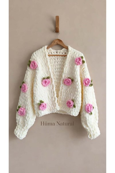 HÜMANATURAL Knitted Pink Rose-Detailed Puffy Cardigan, Chunky Cardigan, Pinte...