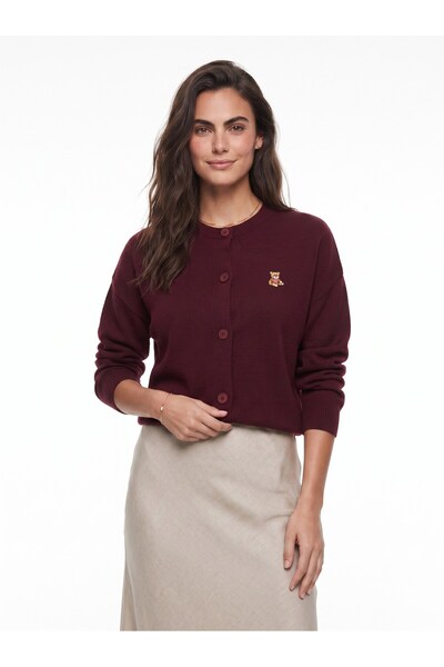 WeShaya Burgundy Embroidered Button-Front Knit Cardigan, Relaxed Fit, Rib Kni...