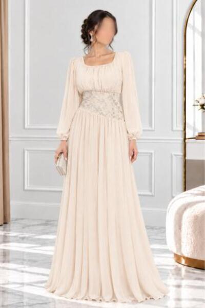 avinci Elegant Off-White Evening Dress with Embroidered Waist | ARUSHI