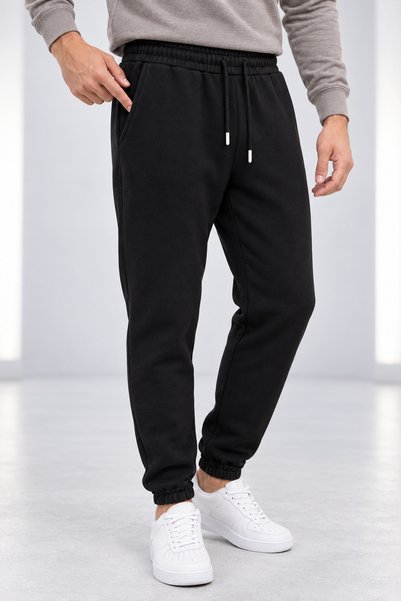zazzia Men's Black Regular 3-Ply Brushed Inside Elastic-Waist Sweatpants