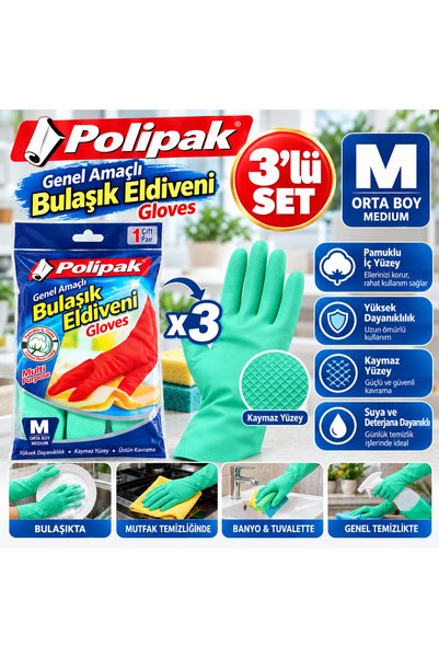 Polipak Genel Amaçlı Bulaşık Eldiveni M Beden 3'lü Set