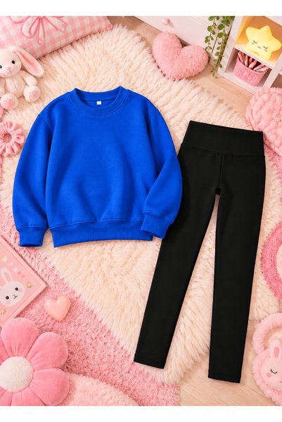 LORVEX Girls' Straight-Leg Leggings Set with Unprinted, Crew Neck Sweatshirt—...