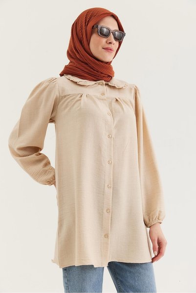 WeShaya Cream Peter Pan Collar Linen Tunic, Drop-Shoulder, Ruched