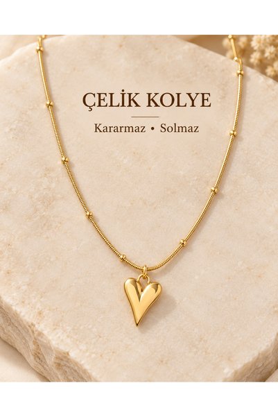 Sepetten Eve Gold Renk Uçlu Boncuk Detaylı Kadın Çelik Kolye Kararmaz Solmaz ...
