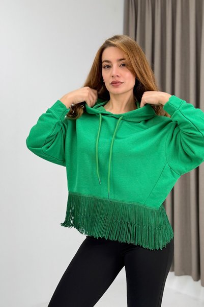 WeShaya Green Fringed Hooded Sweatshirt, Loose Fit, Rib Knit, Drop Shoulder