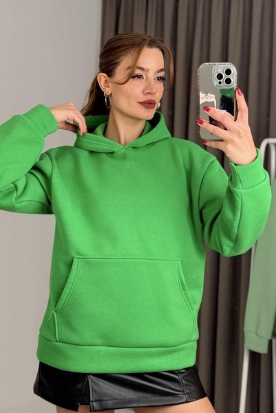WeShaya Green Kangaroo Pocket Hooded Sweatshirt, Relaxed Fit, 3-Ply, Brushed ...