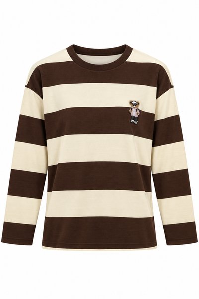 WeShaya Coffee-Striped Teddy Bear Print Sweatshirt, Relaxed Fit, Rib Knit, Kn...