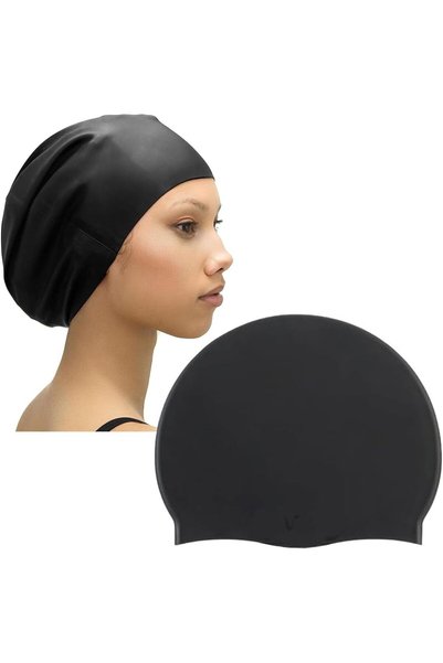 Lunira Black Silicone Swim Cap, Waterproof & Unisex No-Tight Fit Ear Protecti...