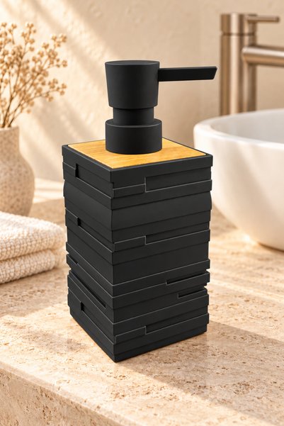Funny Life 650 mL Decorative Checked Liquid Soap Dispenser with Bamboo Accent...