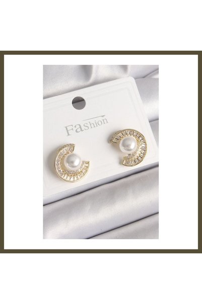 northcity n Gold-Toned Rice-Shaped Earrings with Zircon Stones and Pearl Acce...