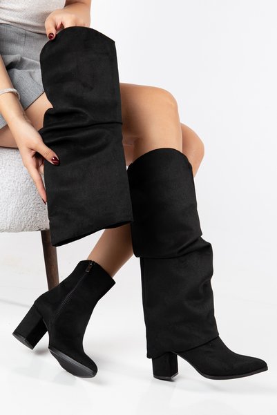 SHESTORE Women's Black Suede Slip-On Boots with Ruched Details