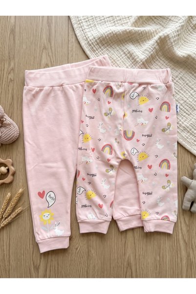 Miniworld Girls' 100% Cotton 2-Piece Pajama Bottom Set (1 Pair) with Pink Rab...