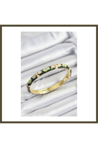 northcity n Gold-Colored Women's Cuff with Enameled Rice Cream and Green Flow...