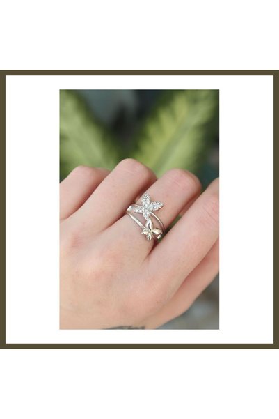 northcity n Silver-Plated Rice-Style Adjustable Butterfly Ring with Zircon St...