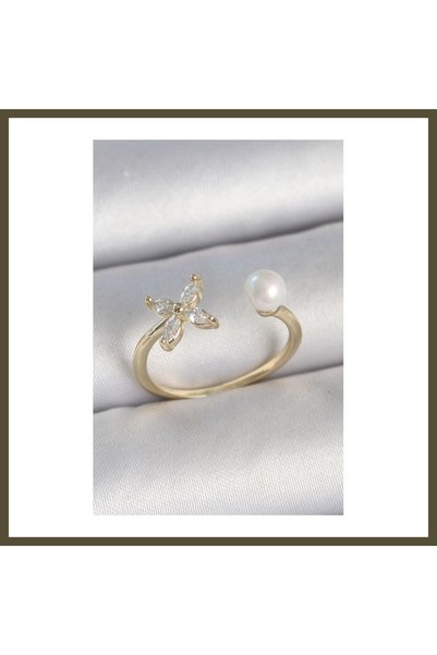 northcity n Gold-Toned Rice-Style Ring with Zircon Stones, Flower Design, Pea...