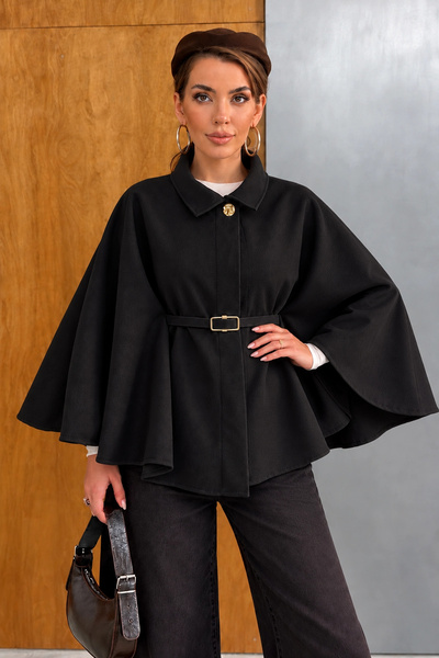 Lusin Women's Black Premium Belted Cape with Sleeve Details and Buttoning