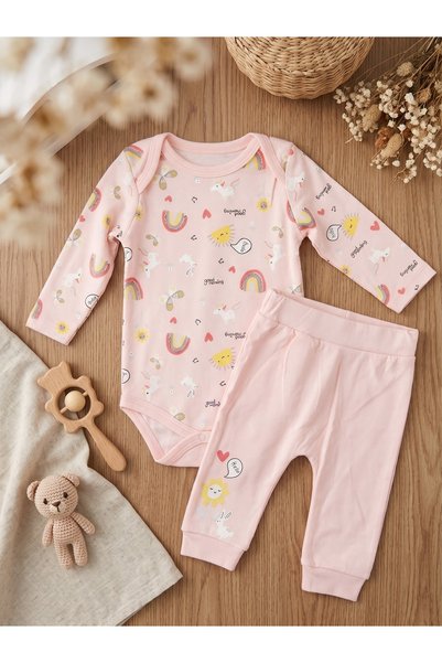 Miniworld Girl's Baby Set: 100% Cotton Long-Sleeve Bodysuit and Pants Set wit...