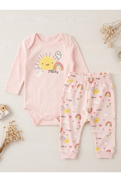 Miniworld Girl's Baby Set: 100% Cotton Long-Sleeve Bodysuit and Pants Set wit...