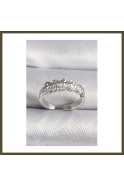 northcity n Silver-Toned Rice-Style Ring with Zircon Stones and Pearl Accents...