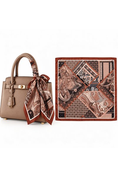Keçelove Brown Mosaic-Patterned Bag Accessory Scarf, 50x50