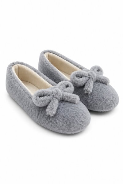 WeShaya Gray Plush bow detail Ballet Flats, Flat Sole