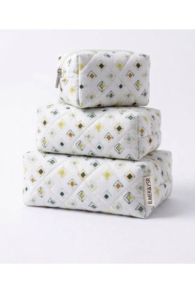 İLMEK&YSR Terrazzo-Patterned Quilted Cosmetic Bag Set (Small, Medium, Large)