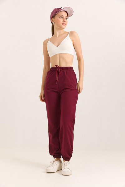 WeShaya Burgundy Sweatpants with Elastic Waistband, Knit, Loose Fit, Ruched, ...